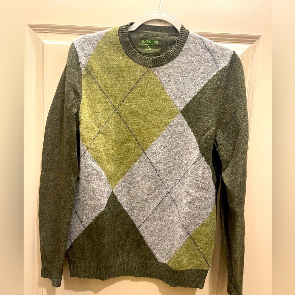 Men’s Express Green & Grey Argyle Lamb Wool Crewneck Sweater